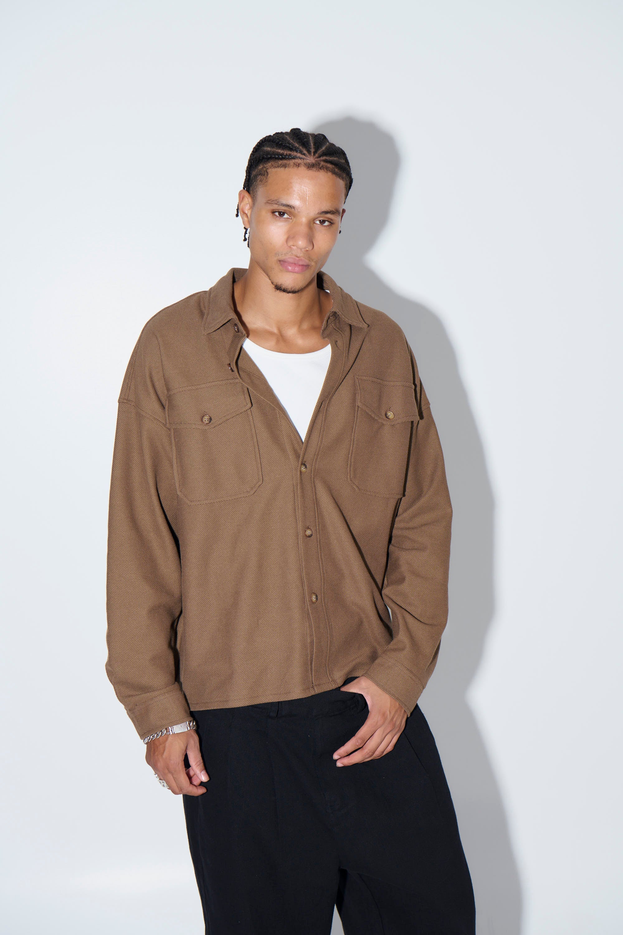 Khaki Textured Button-Up – Long Sleeve