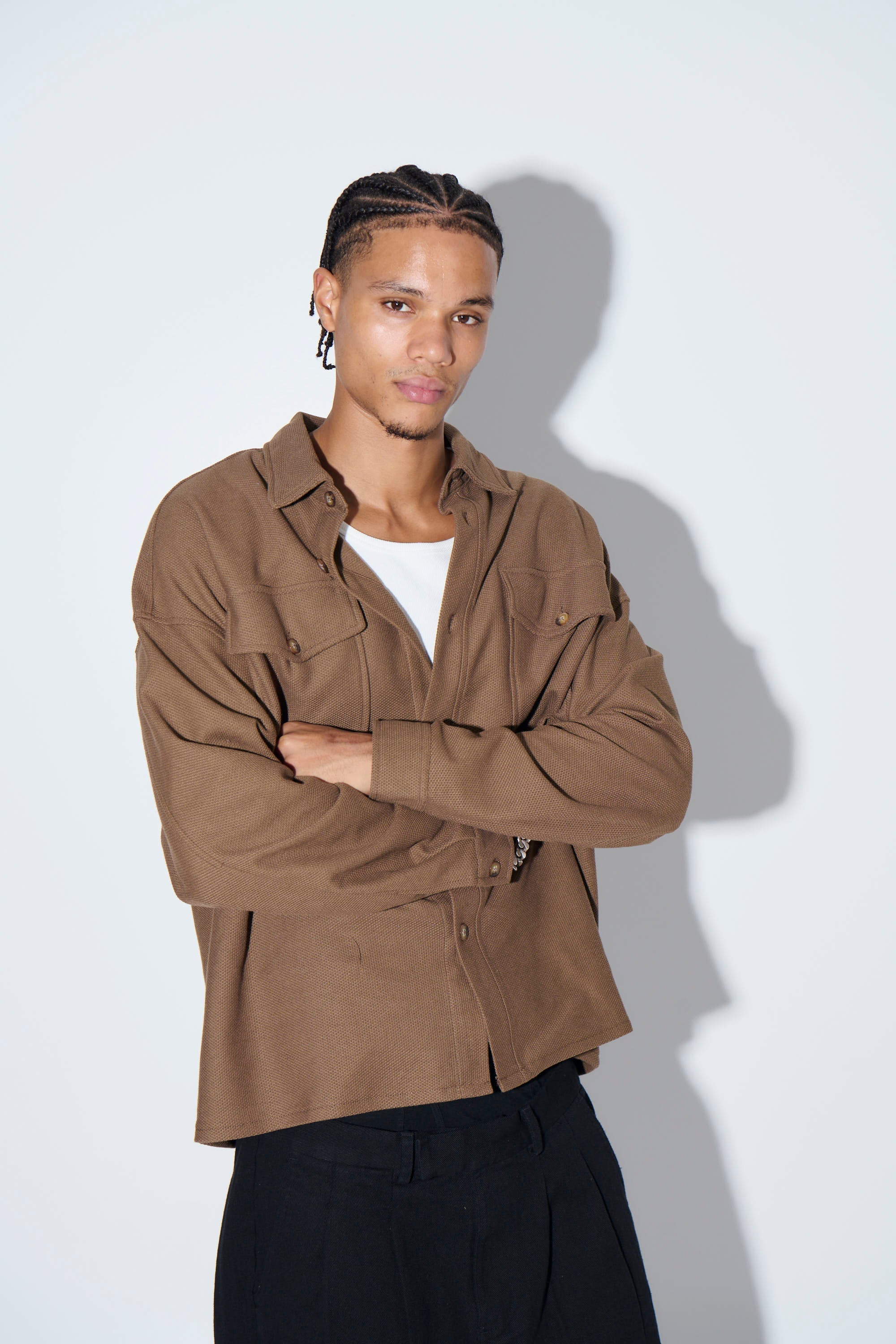 Khaki Textured Button-Up – Long Sleeve