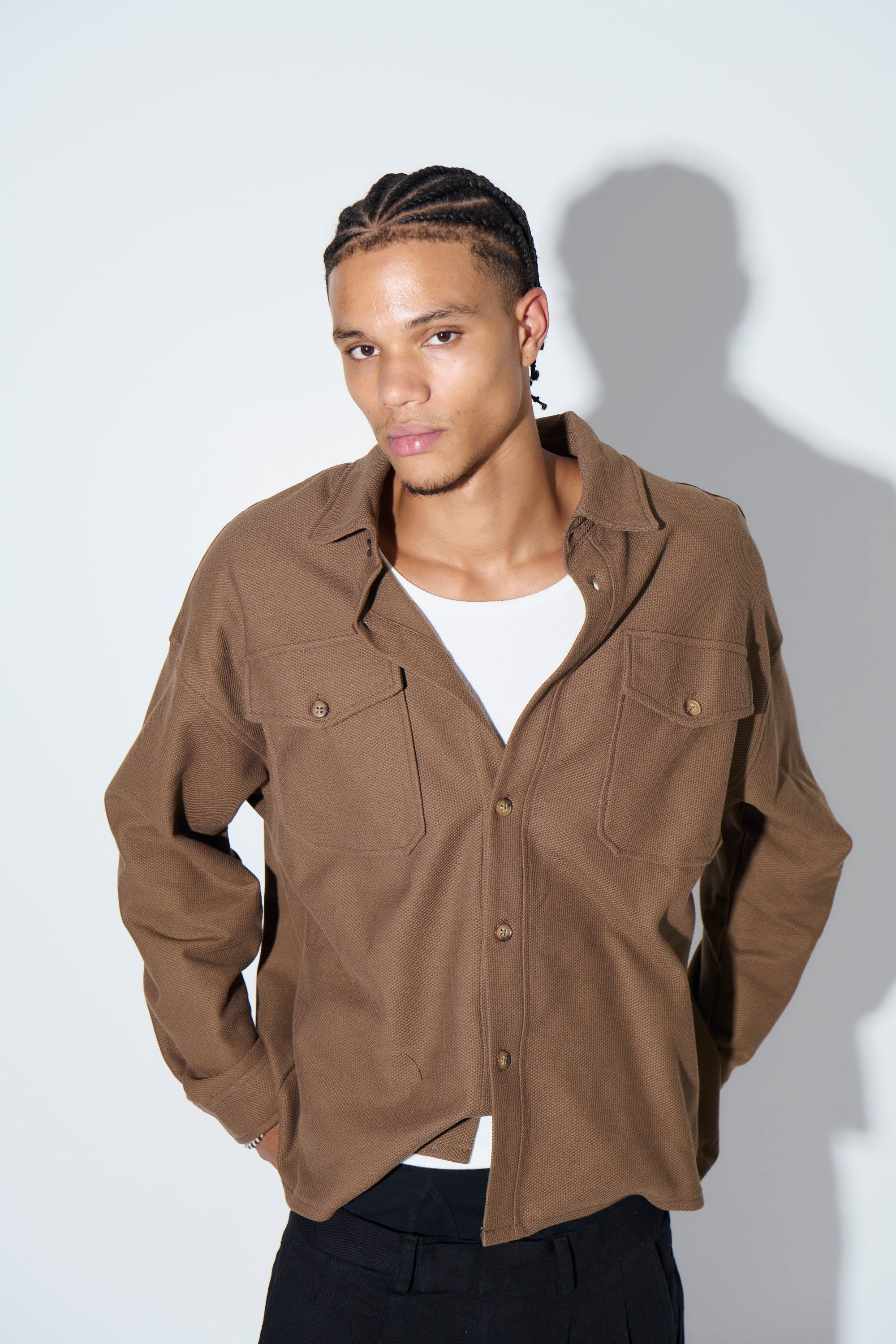 Khaki Textured Button-Up – Long Sleeve