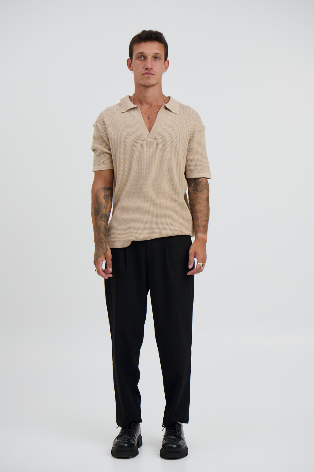 Open Neck Polo Oat with Pre-Washed Finish