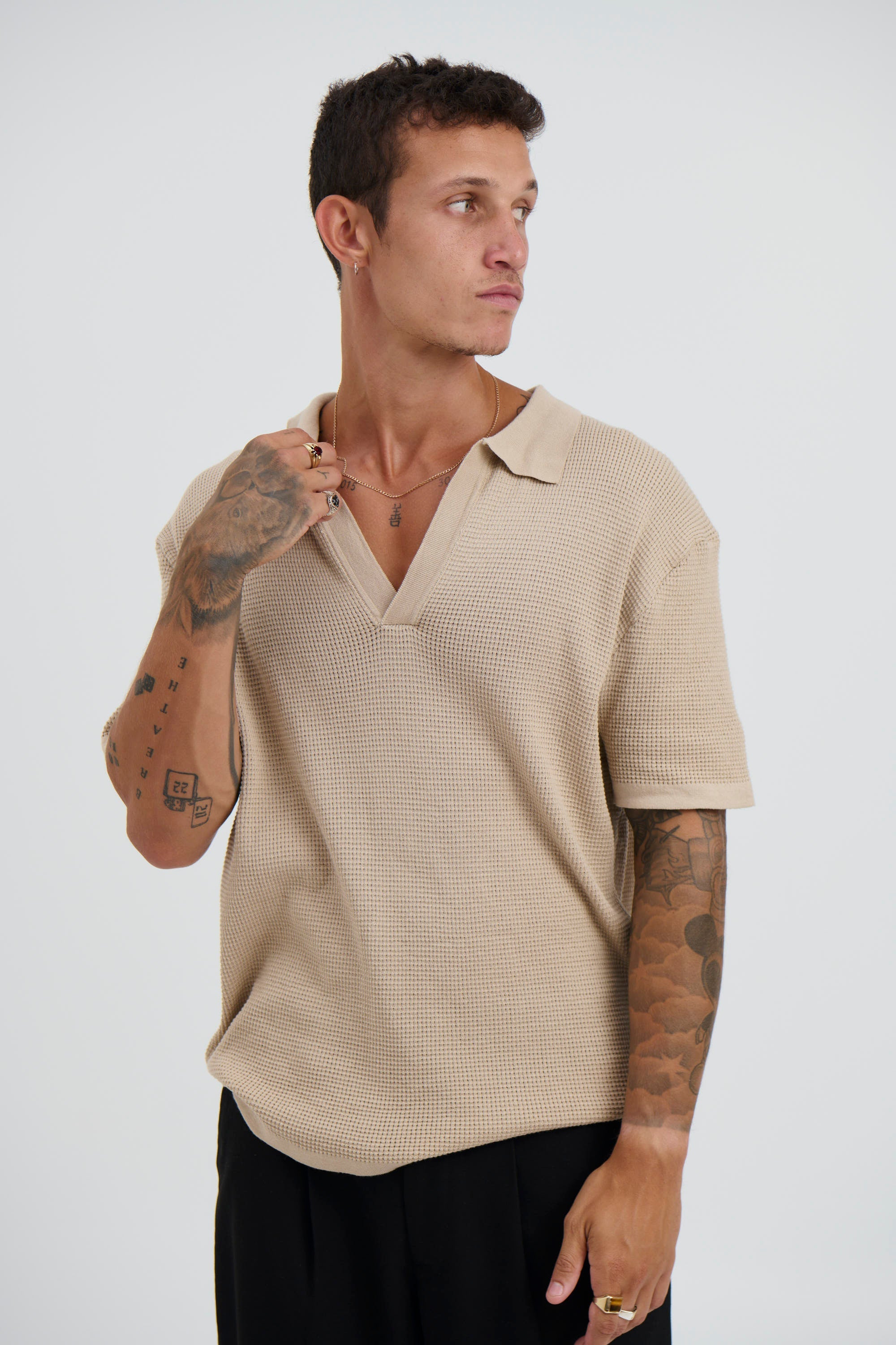 Open Neck Polo Oat with Pre-Washed Finish