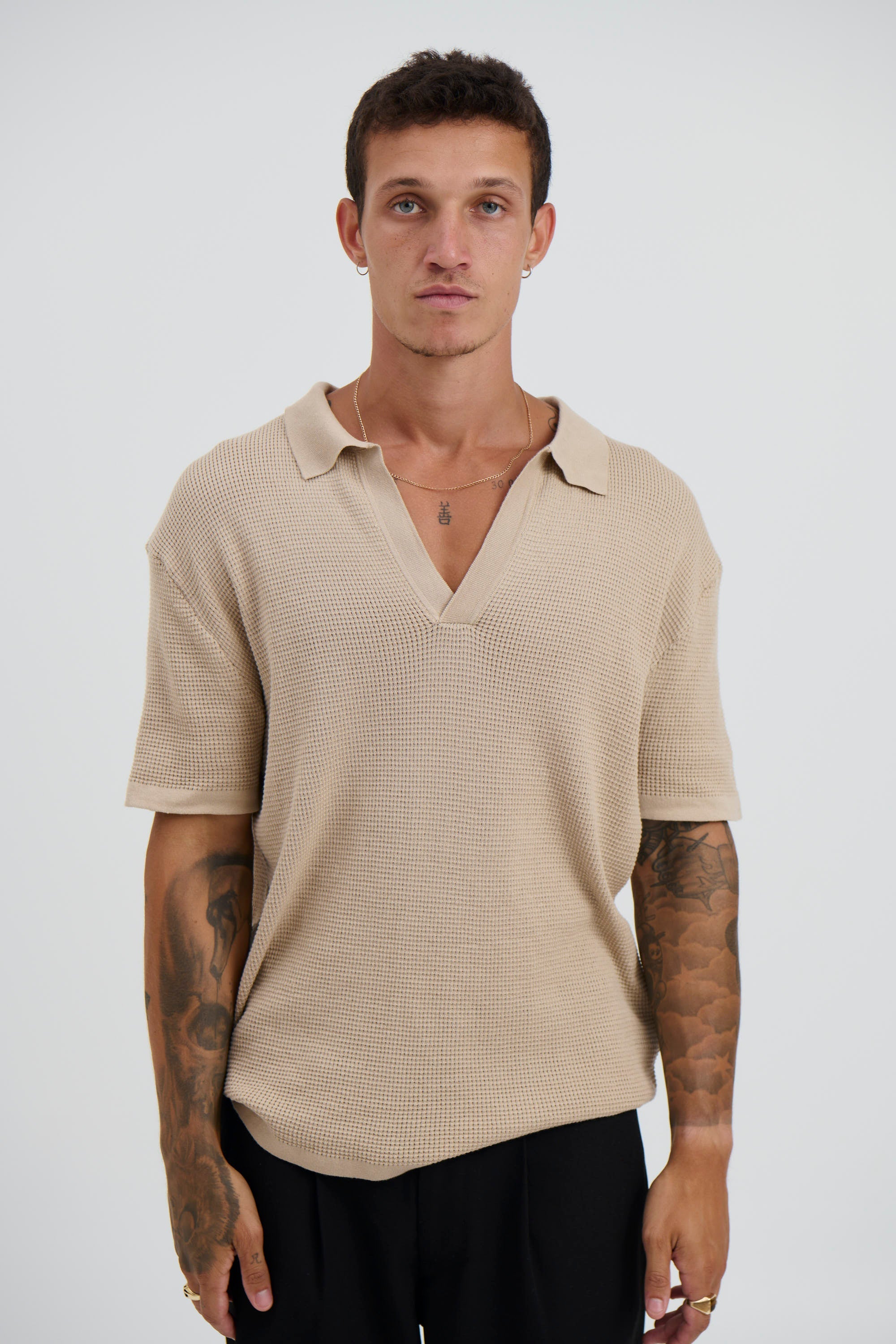 Open Neck Polo Oat with Pre-Washed Finish