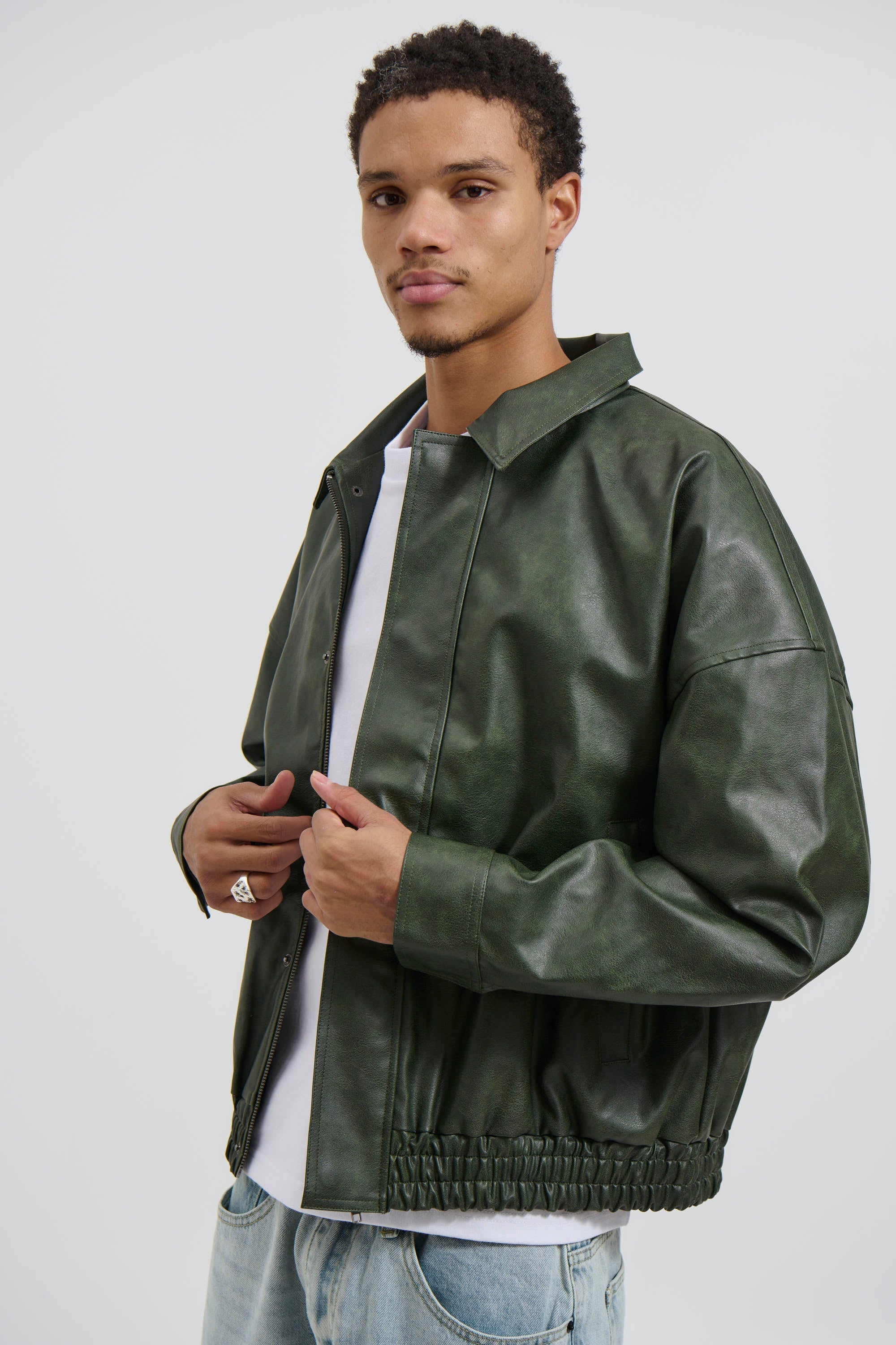 Bowie PU Bomber Jacket – Army Green, Unisex Streetwear