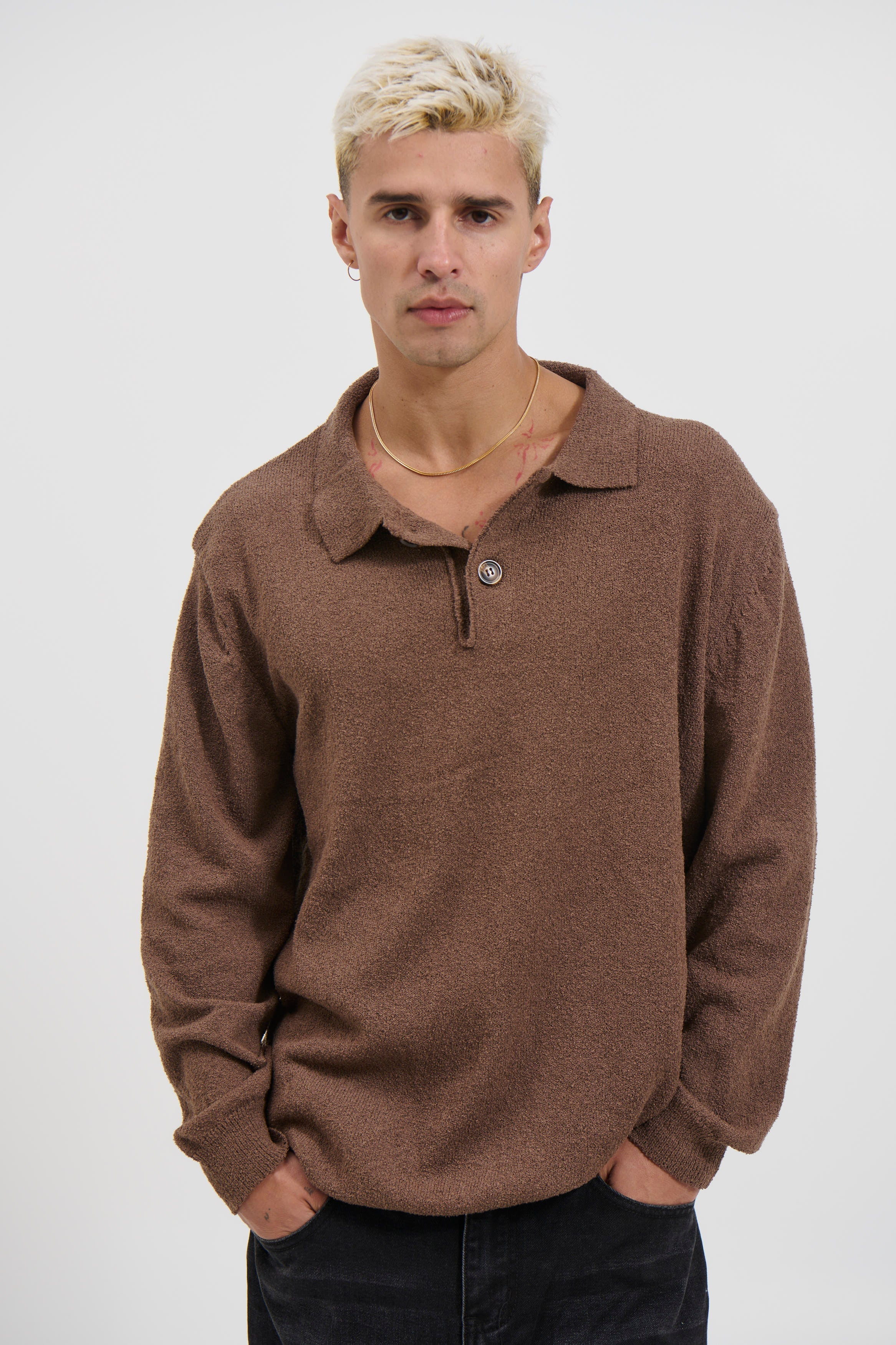 Marvello – Combed Long Sleeve Polo Choc with Structured Collar