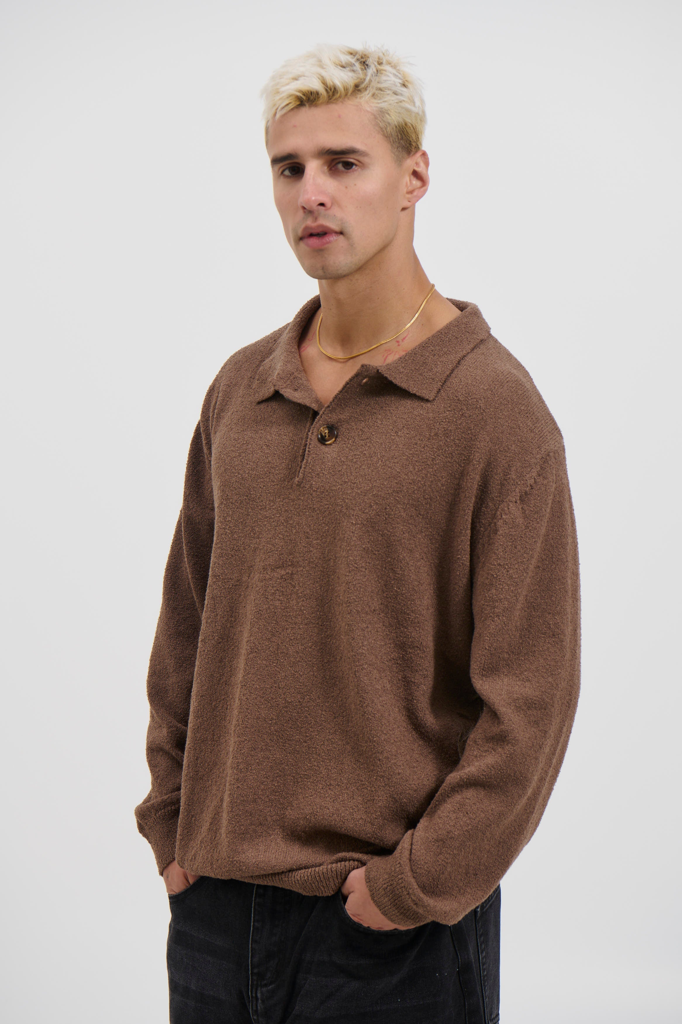 Marvello – Combed Long Sleeve Polo Choc with Structured Collar
