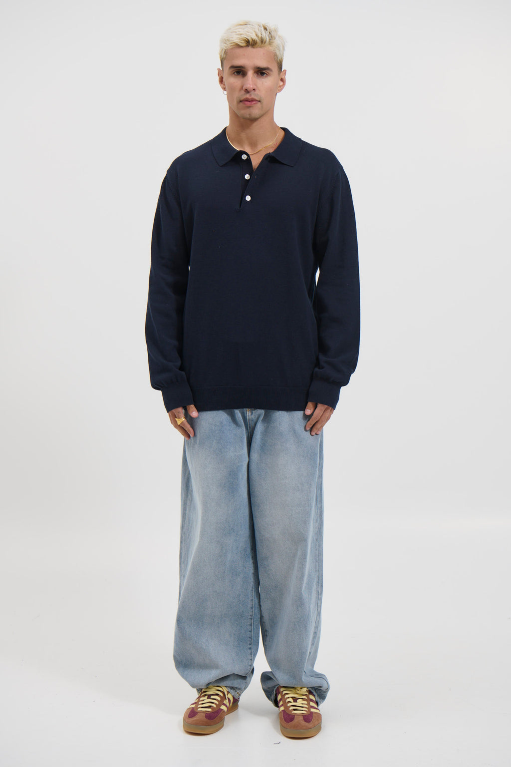 Long Sleeve Polo Oakridge – Navy Knit, Structured Collar, Button-Up Neckline