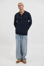 Long Sleeve Polo Oakridge – Navy Knit, Structured Collar, Button-Up Neckline