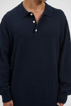 Long Sleeve Polo Oakridge – Navy Knit, Structured Collar, Button-Up Neckline