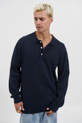 Long Sleeve Polo Oakridge – Navy Knit, Structured Collar, Button-Up Neckline
