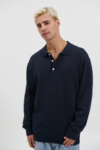 Long Sleeve Polo Oakridge – Navy Knit, Structured Collar, Button-Up Neckline