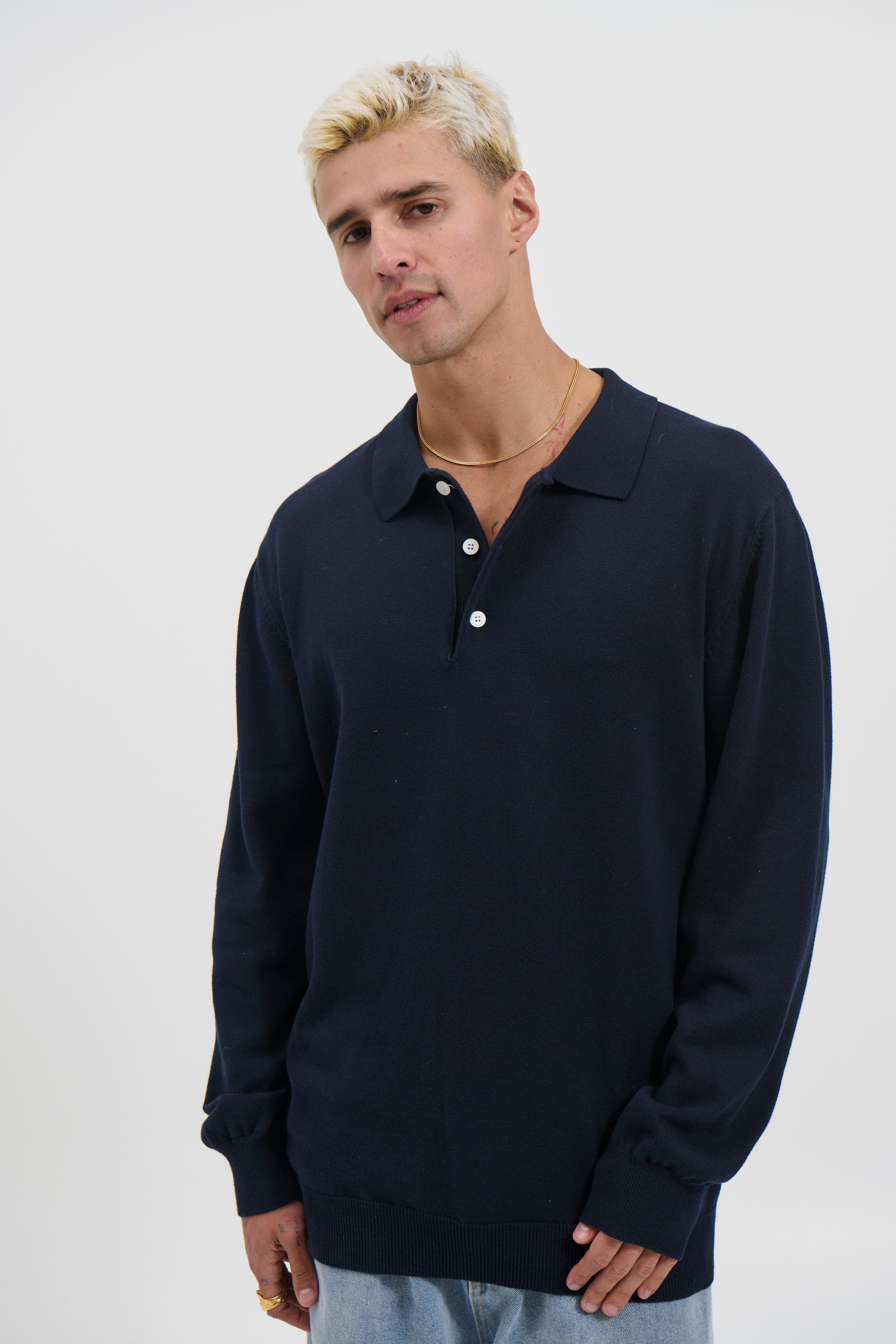 Long Sleeve Polo Oakridge – Navy Knit, Structured Collar, Button-Up Neckline