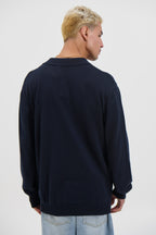 Long Sleeve Polo Oakridge – Navy Knit, Structured Collar, Button-Up Neckline