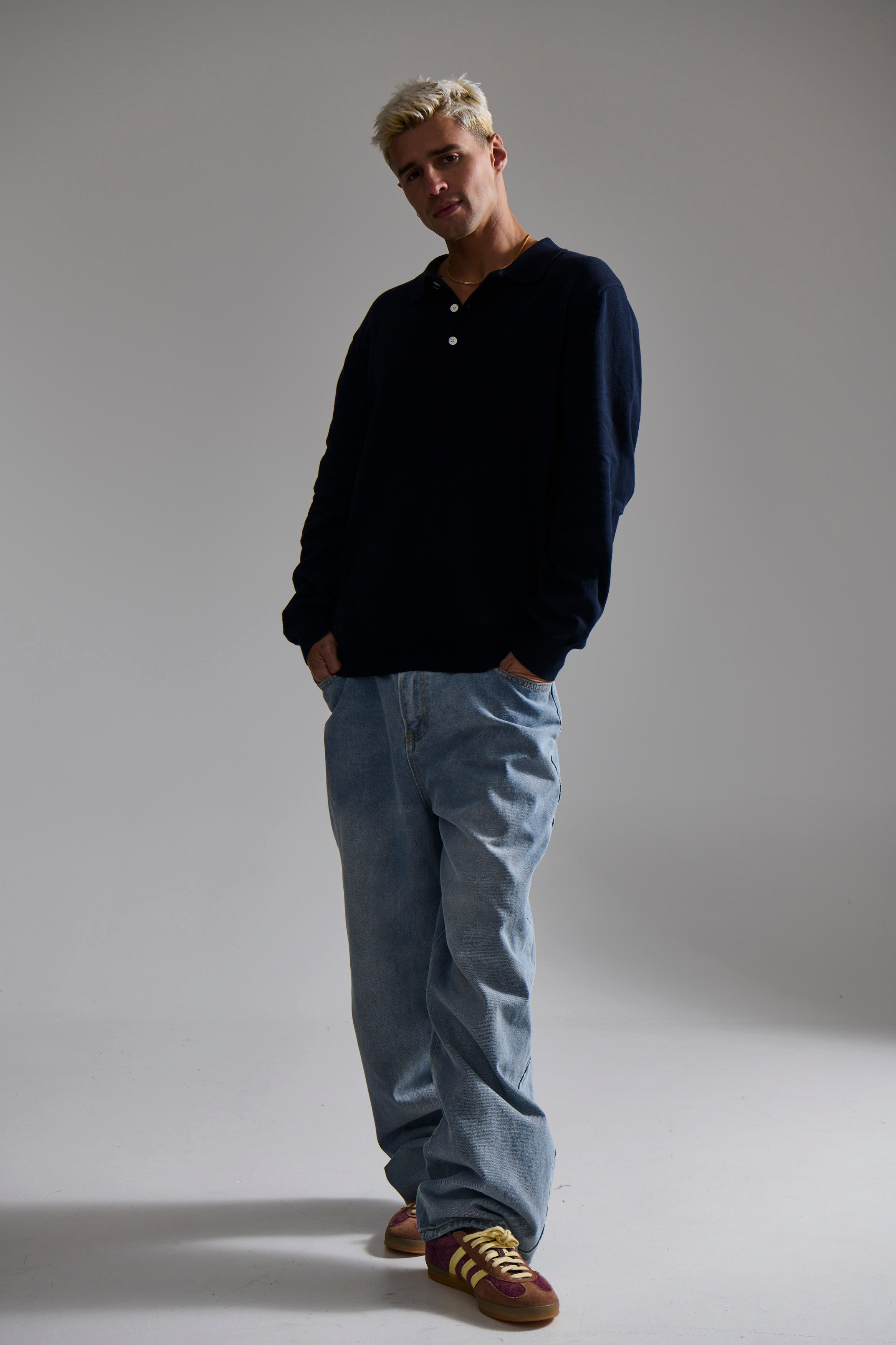 Long Sleeve Polo Oakridge – Navy Knit, Structured Collar, Button-Up Neckline