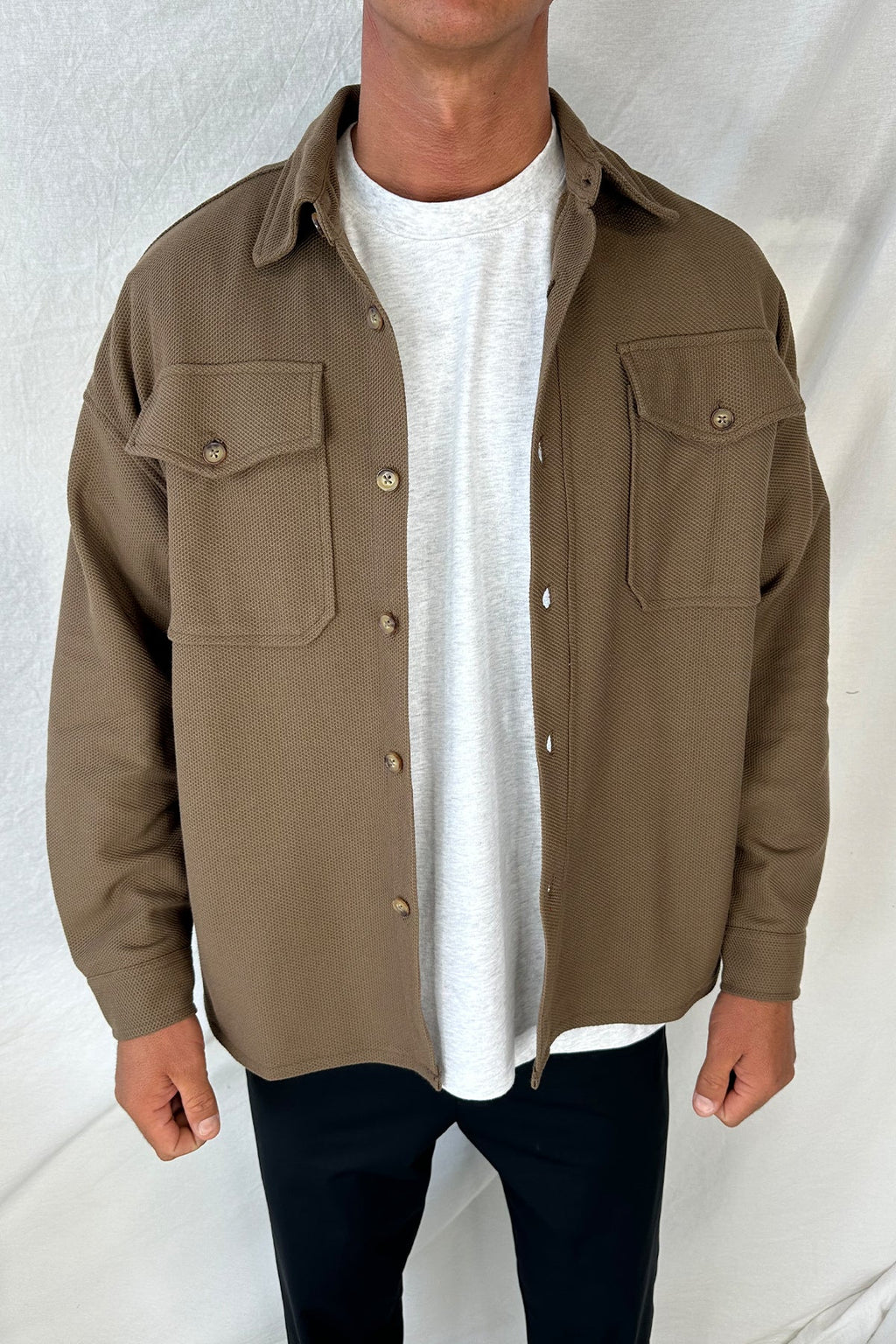 Khaki Textured Button-Up – Long Sleeve