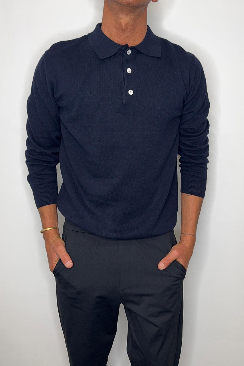 Long Sleeve Polo Oakridge – Navy Knit, Structured Collar, Button-Up Neckline