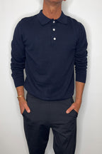 Long Sleeve Polo Oakridge – Navy Knit, Structured Collar, Button-Up Neckline